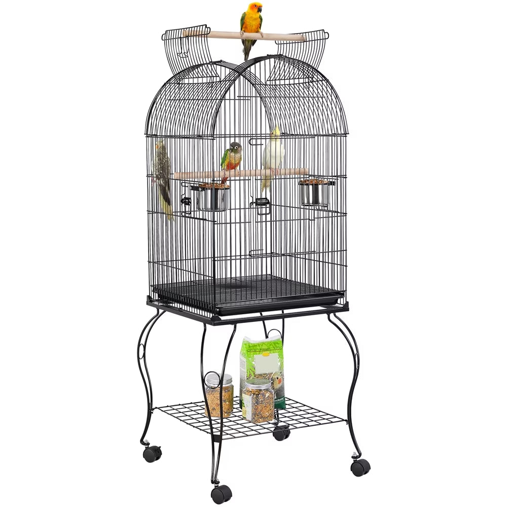 59'' H Open Top Rolling Metal Bird Cage with Stand, Black