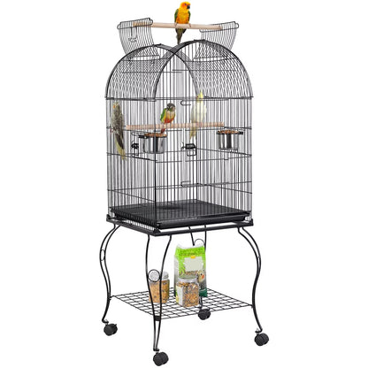 59'' H Open Top Rolling Metal Bird Cage with Stand, Black
