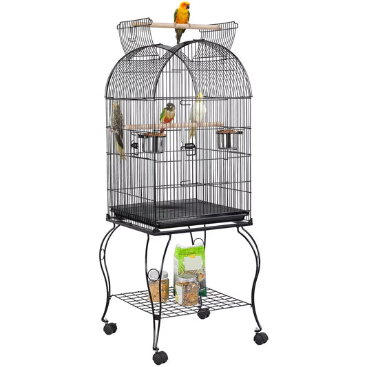 59'' H Open Top Rolling Metal Bird Cage with Stand, Black
