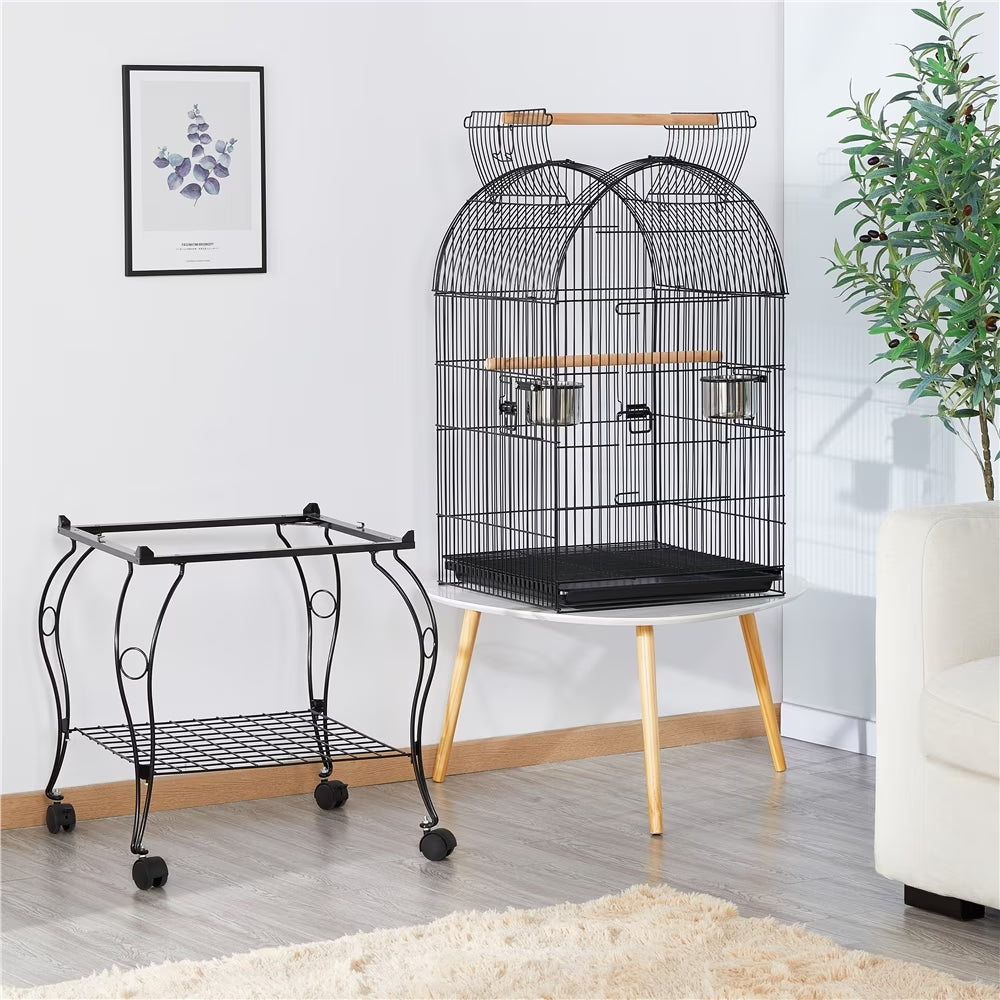59'' H Open Top Rolling Metal Bird Cage with Stand, Black