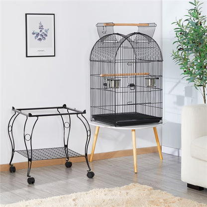 59'' H Open Top Rolling Metal Bird Cage with Stand, Black