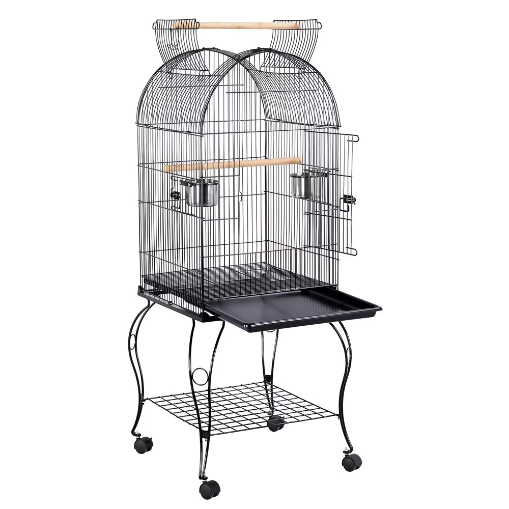 59'' H Open Top Rolling Metal Bird Cage with Stand, Black