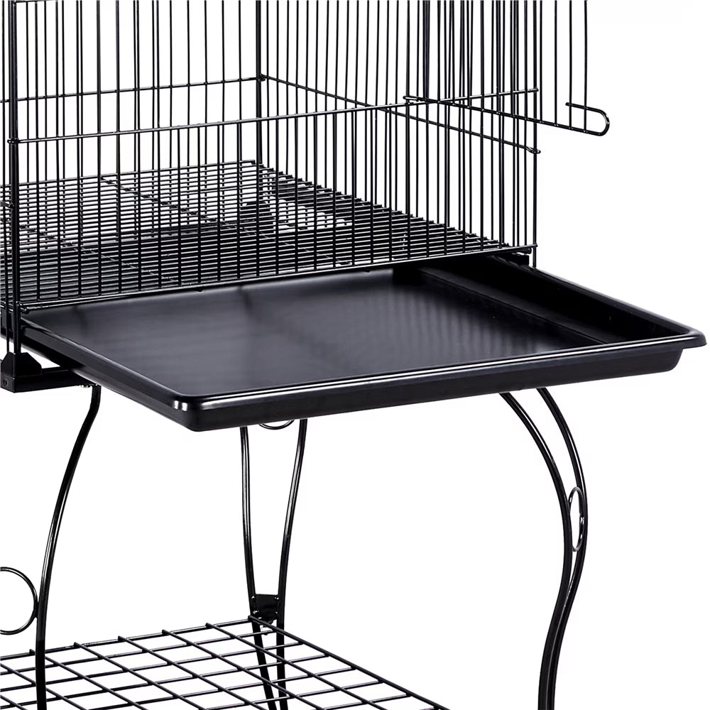 59'' H Open Top Rolling Metal Bird Cage with Stand, Black