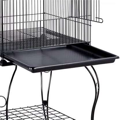 59'' H Open Top Rolling Metal Bird Cage with Stand, Black