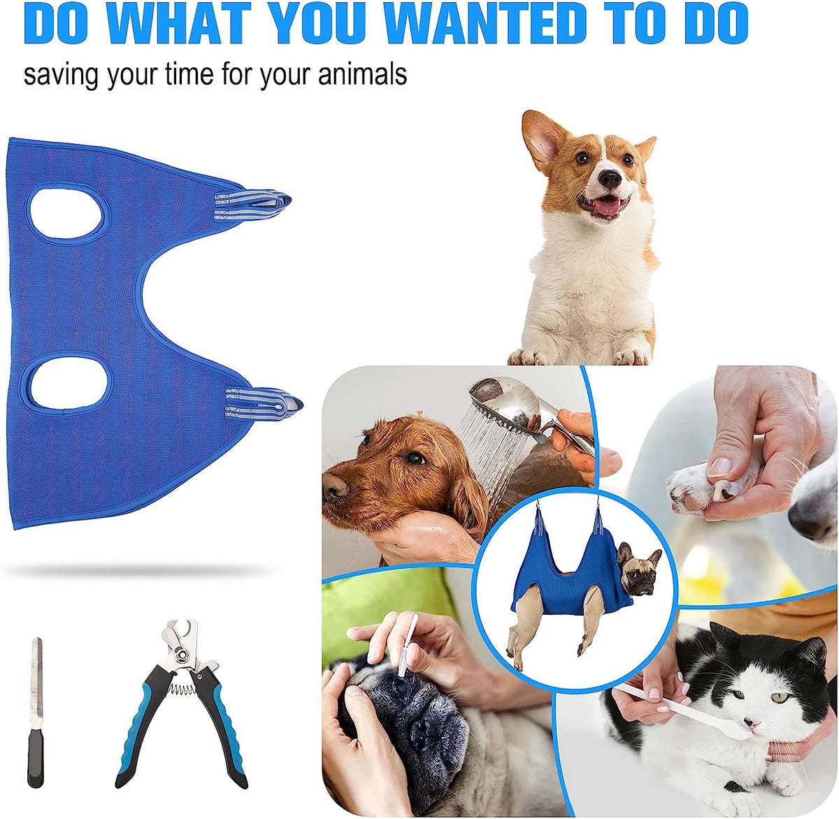 10 in 1 Pet Grooming Hammock Harness with Nail Clippers/Trimmer, Nail File, Comb,Dog Nail Hammock, Dog Grooming Sling for Nail Trimming/Clipping (Xxl/Under 120Lb, Blue)