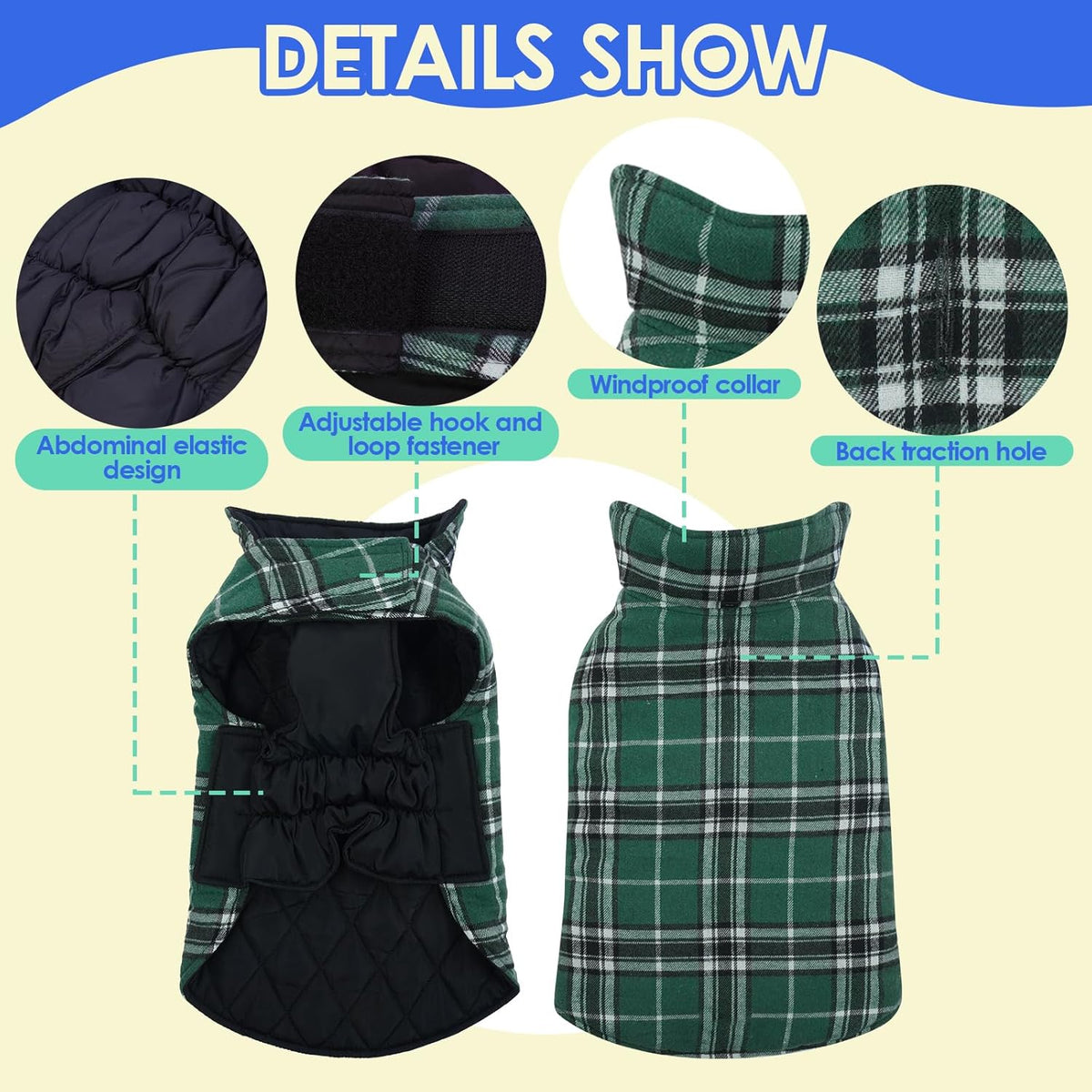 Reversible Dog Coat, Warm Dog Coats with Leash Hole,Green, S