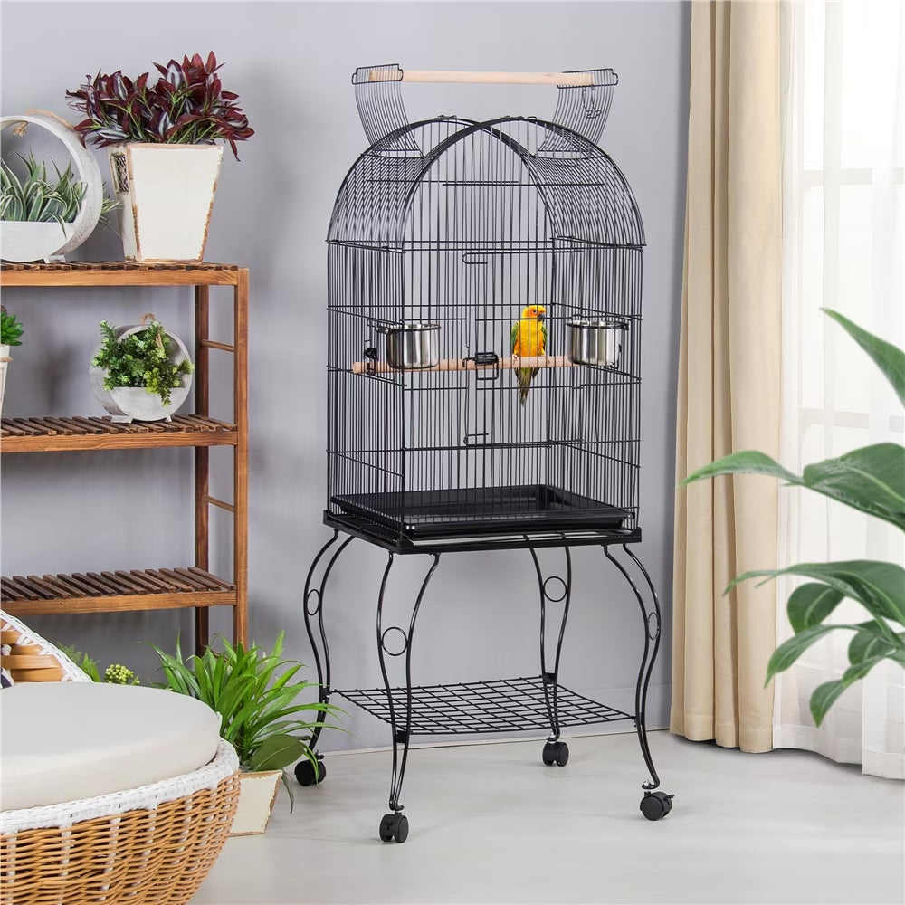 59'' H Open Top Rolling Metal Bird Cage with Stand, Black