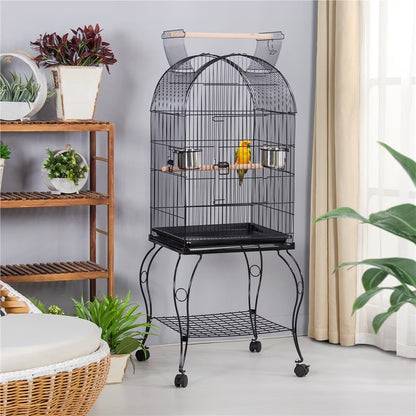 59'' H Open Top Rolling Metal Bird Cage with Stand, Black