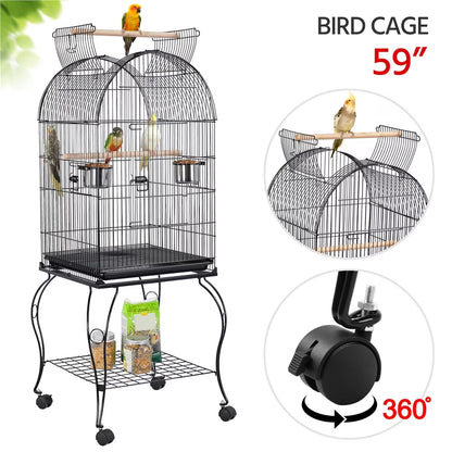 59'' H Open Top Rolling Metal Bird Cage with Stand, Black
