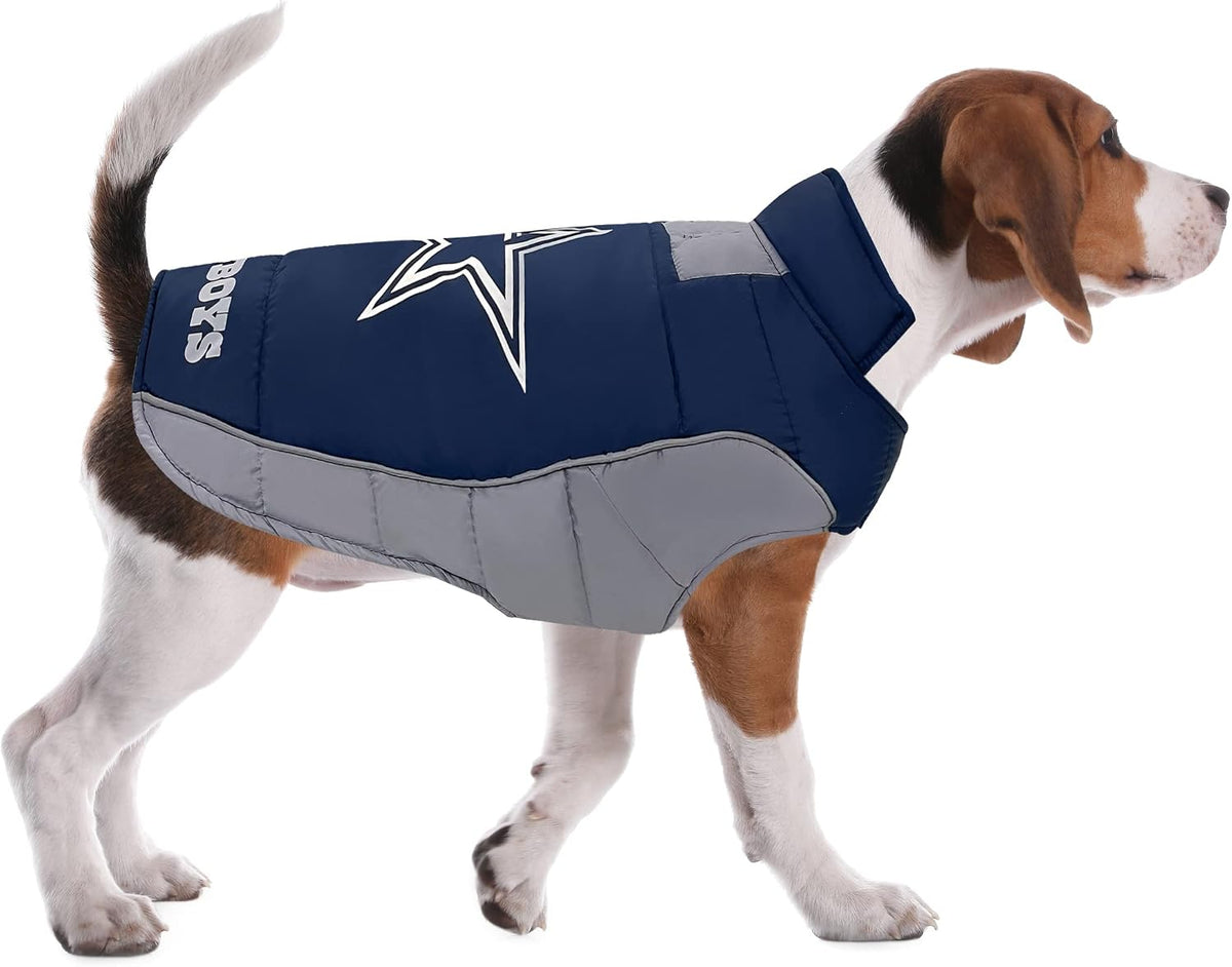 NFL Dallas Cowboys Puffer Vest for Dogs & Cats, Size Large. Warm, Cozy, and Waterproof Dog Coat, for Small and Large Dogs/Cats. Best NFL Licensed PET Warming Sports Jacket