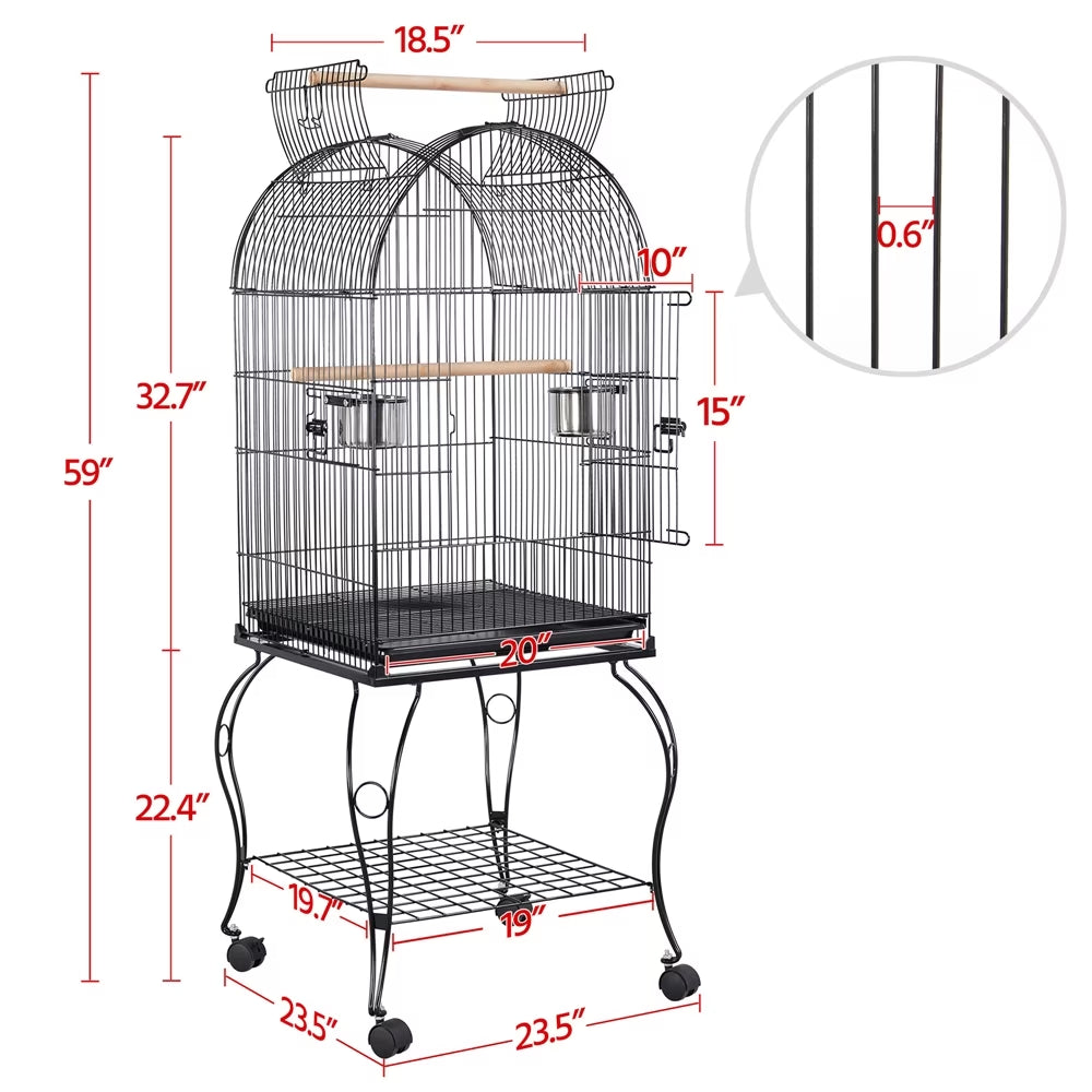 59'' H Open Top Rolling Metal Bird Cage with Stand, Black